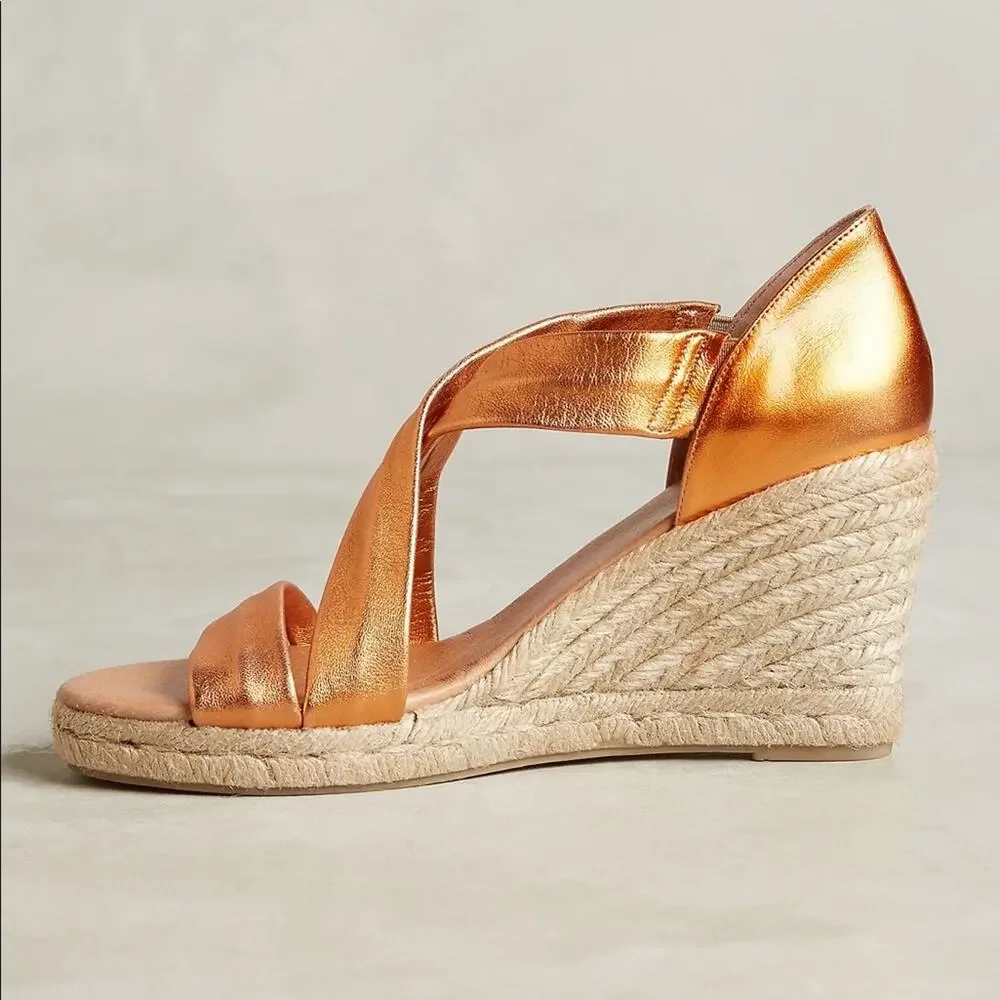 Anthropologie Pinaz‎ Espradilles Gold Copper Metallic Strappy Summer Heel 40